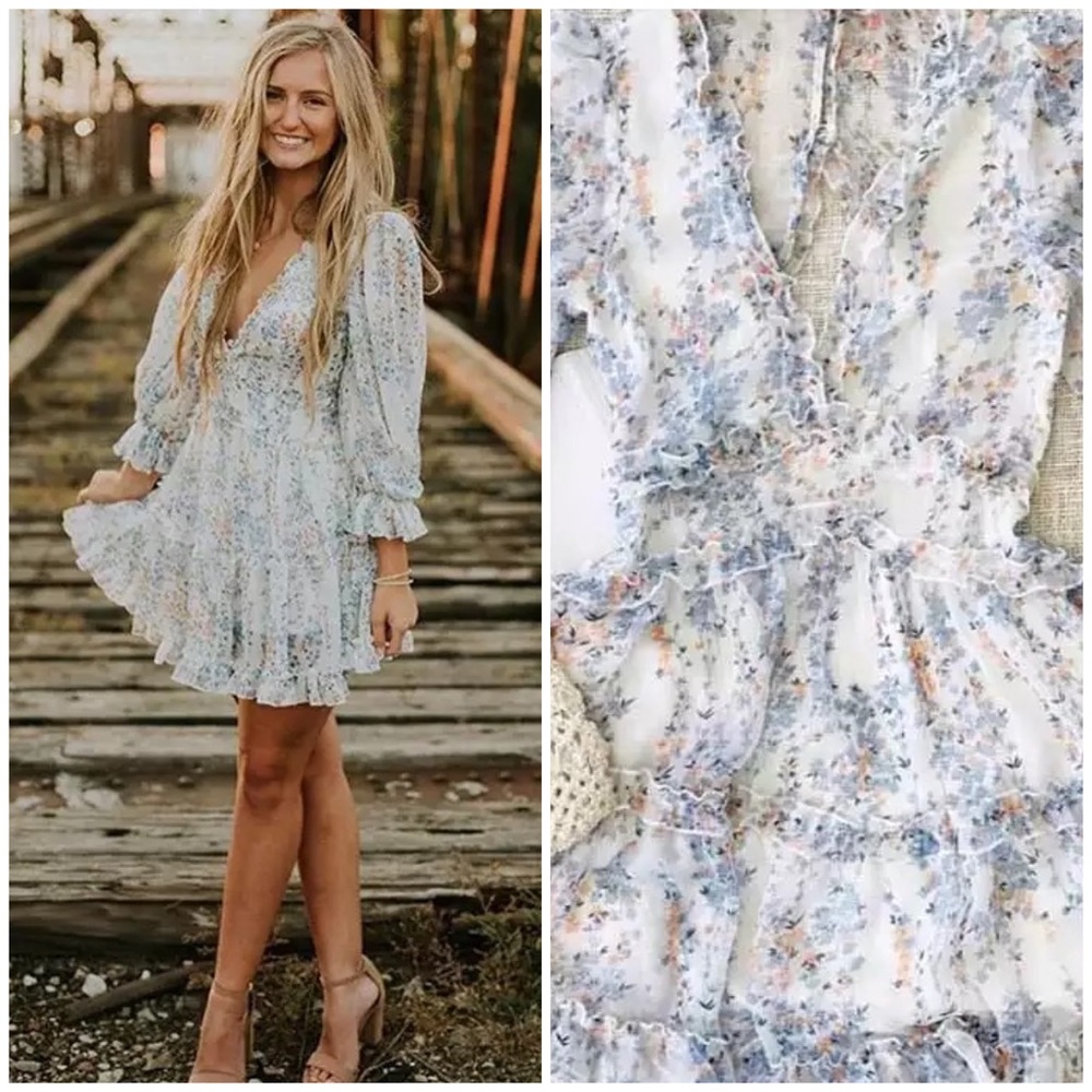 Floral Ruffle Open Back Long Sleeve Mini Dress